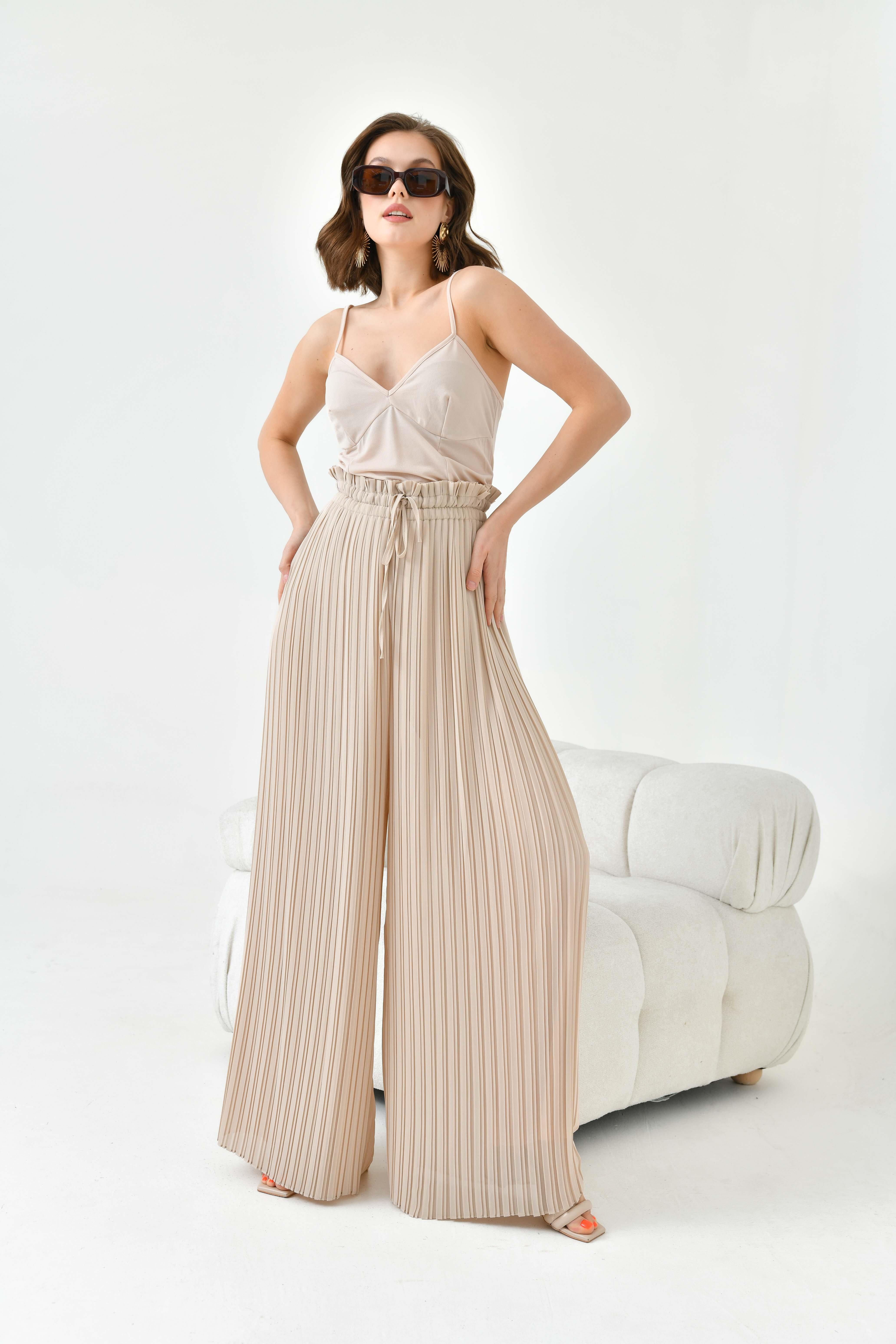FTZ Women Kadın Şifon Pliseli Pantolon  Beige 30700