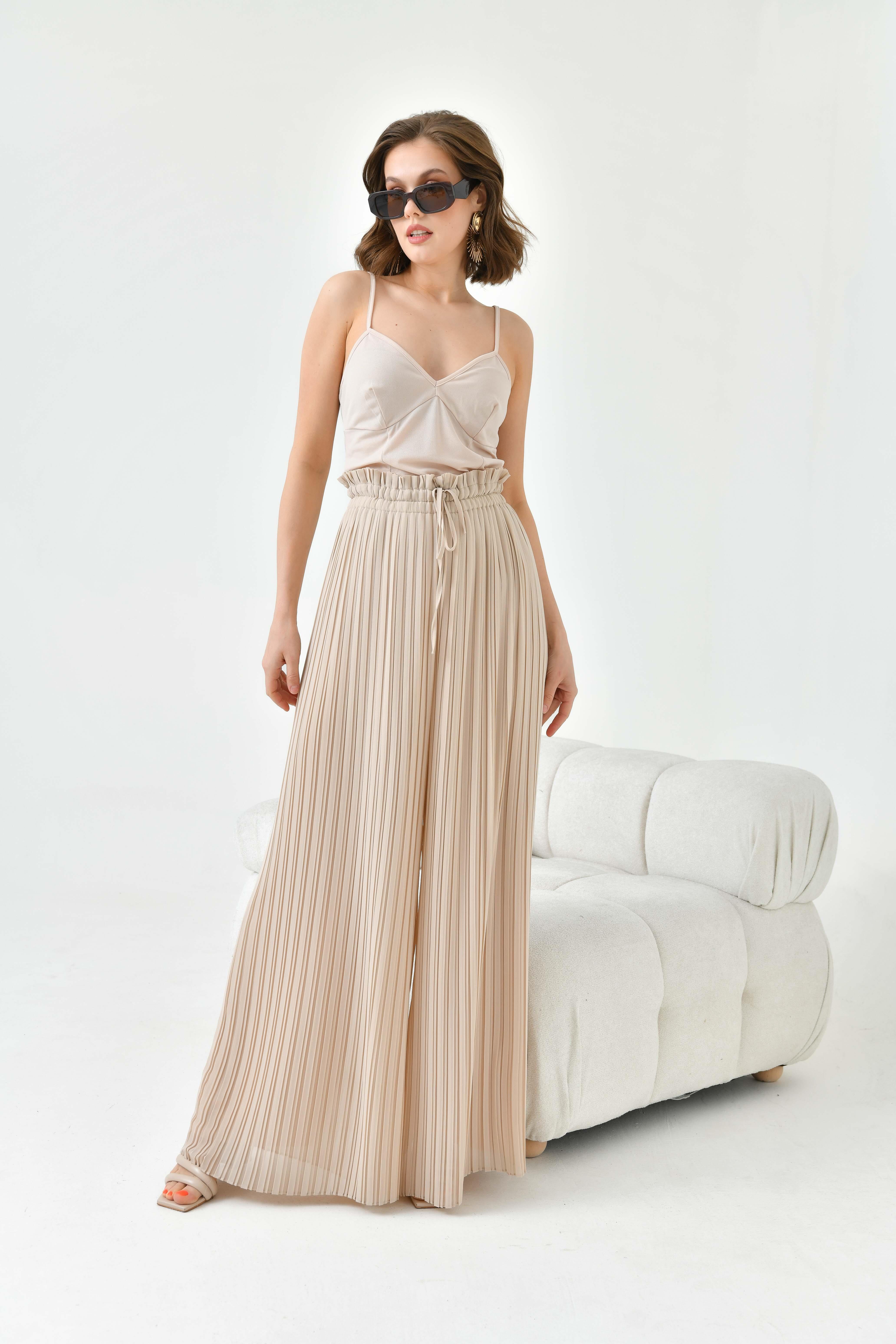 FTZ Women Kadın Şifon Pliseli Pantolon  Beige 30700
