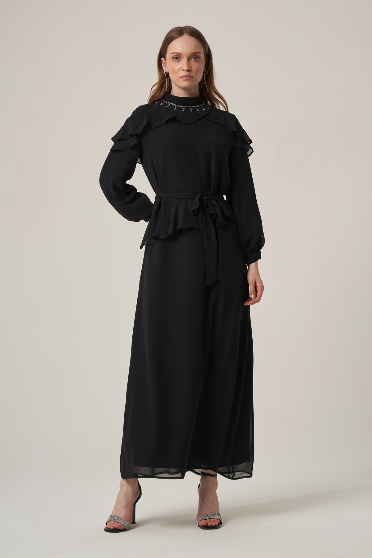 FTZ Women Kadın Şifon Yaka Taşli Elbise  Siyah 31379