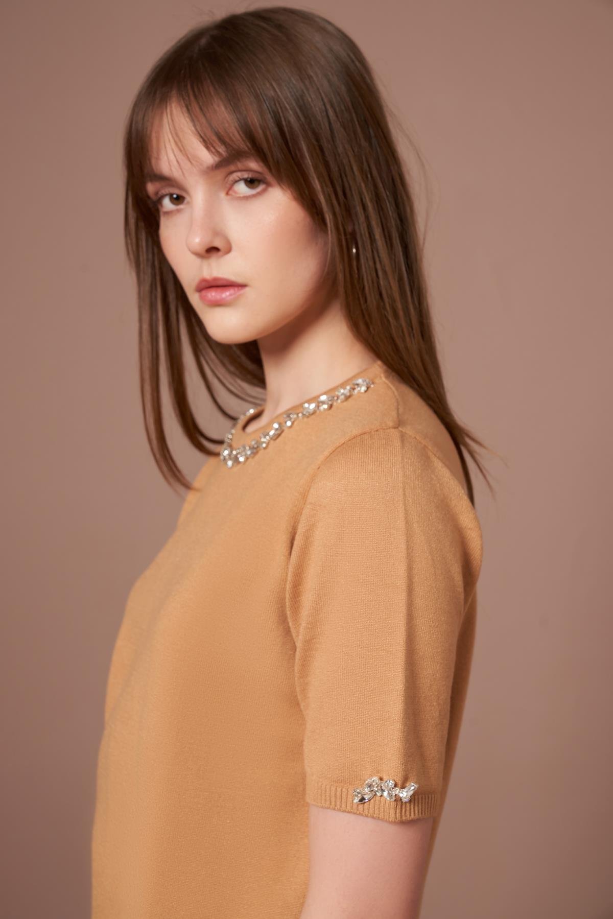 FTZ Women Kadın Strass Taş Detaylı Kazak  Bisküvi 20893