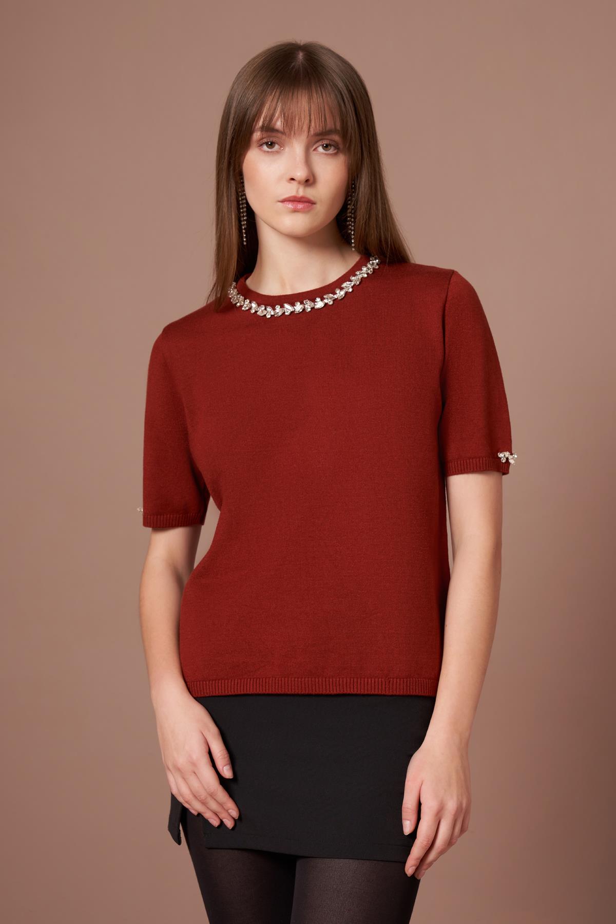 FTZ Women Kadın Strass Taş Detaylı Kazak  Kiremit 20893