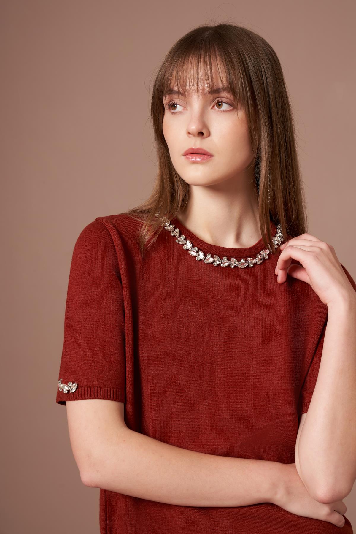 FTZ Women Kadın Strass Taş Detaylı Kazak  Kiremit 20893