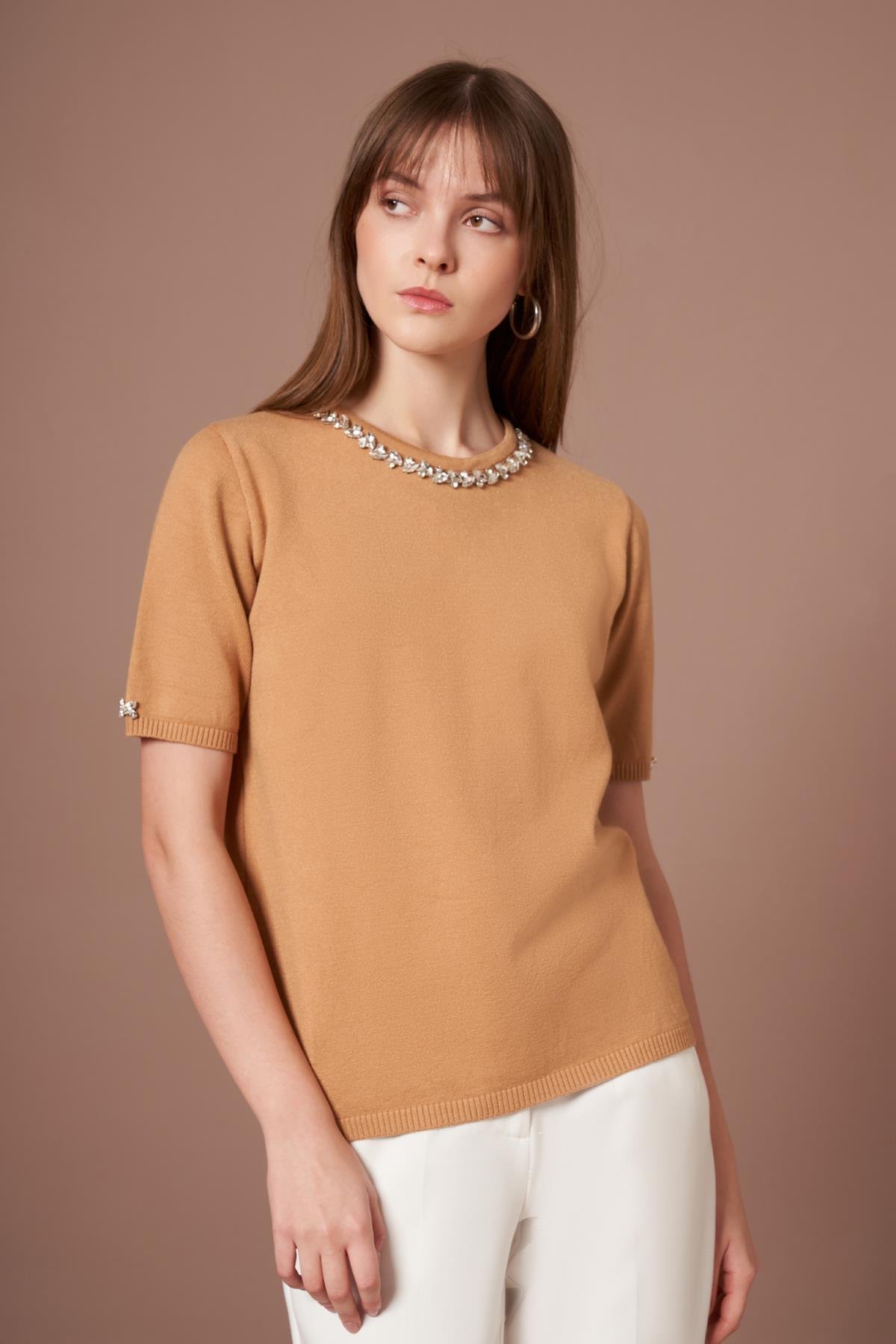 FTZ Women Kadın Strass Taş Detaylı Kazak  Bisküvi 20893