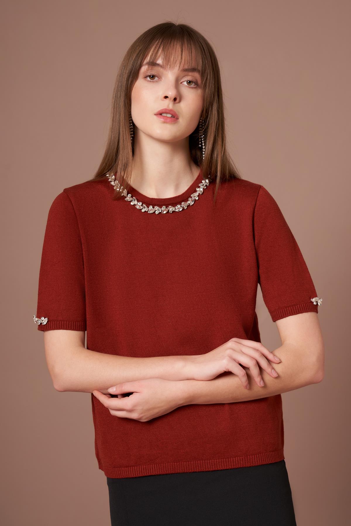 FTZ Women Kadın Strass Taş Detaylı Kazak  Kiremit 20893