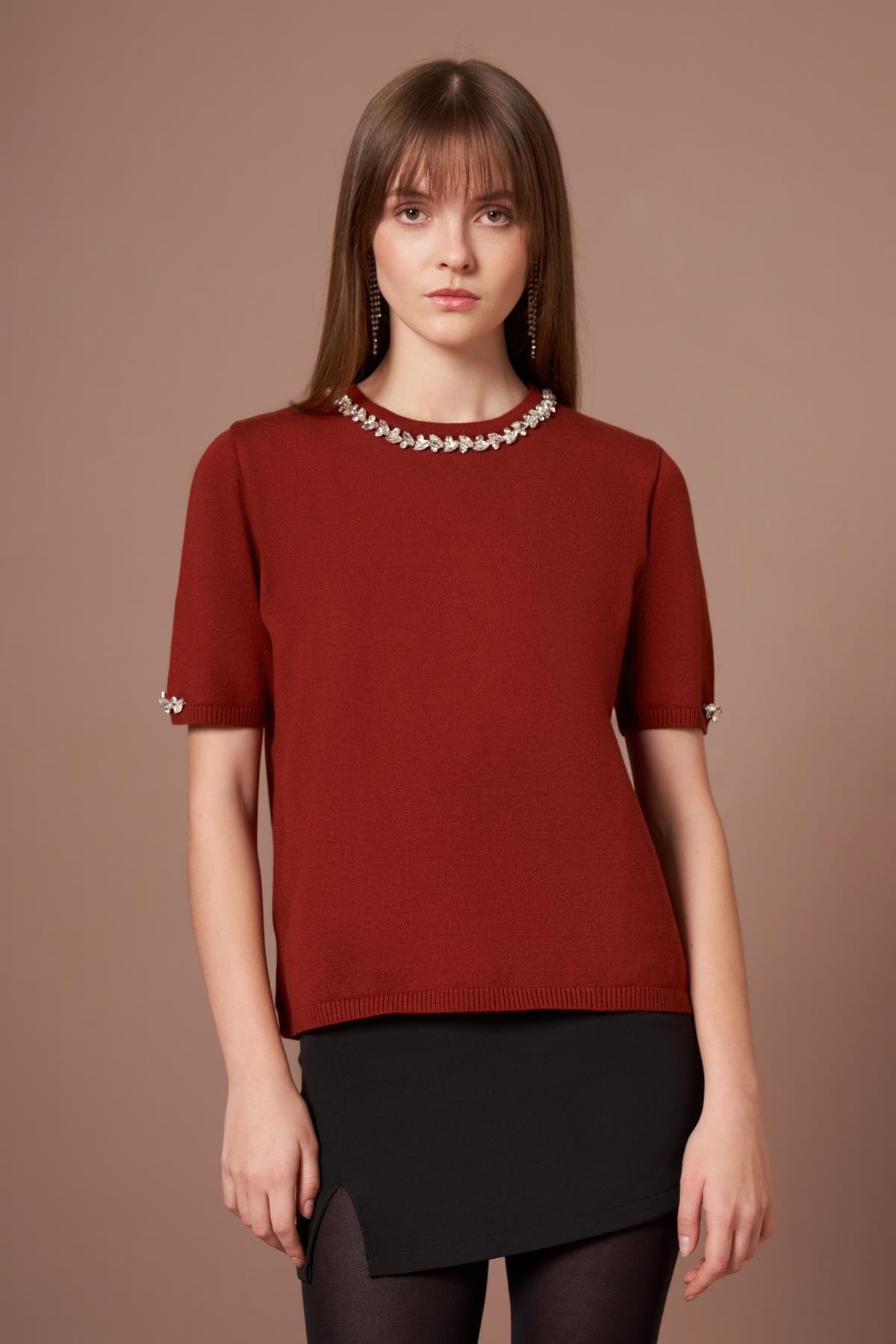 FTZ Women Kadın Strass Taş Detaylı Kazak  Kiremit 20893