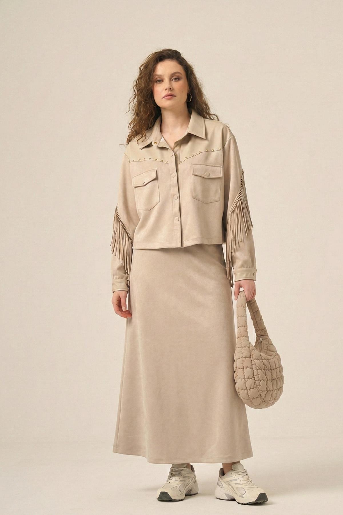 FTZ Women Kadın Süet Deri Etekli Takım  Beige 31231