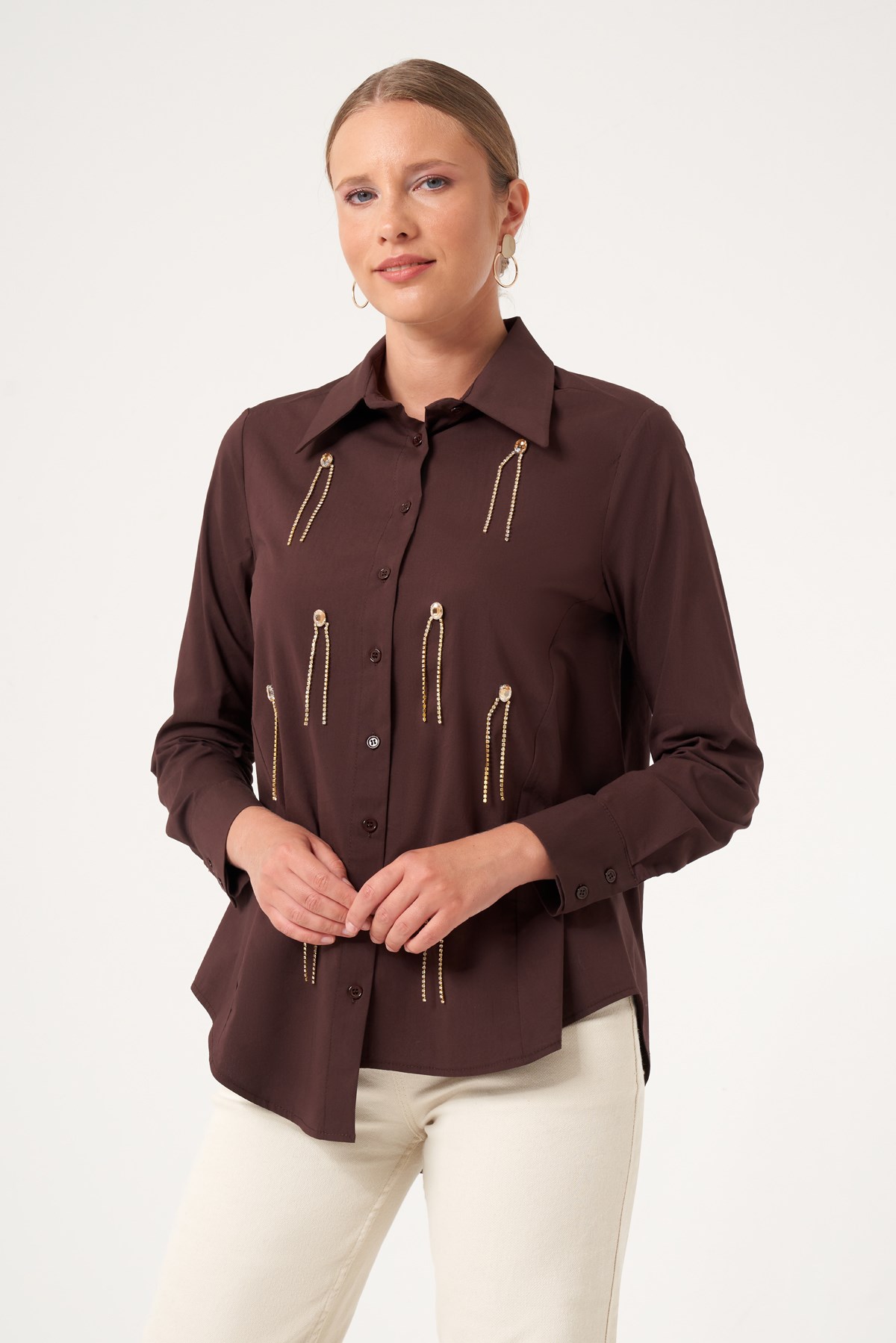 FTZ Women Kadın Taş Detay Poplin Gömlek  Kahve 31509