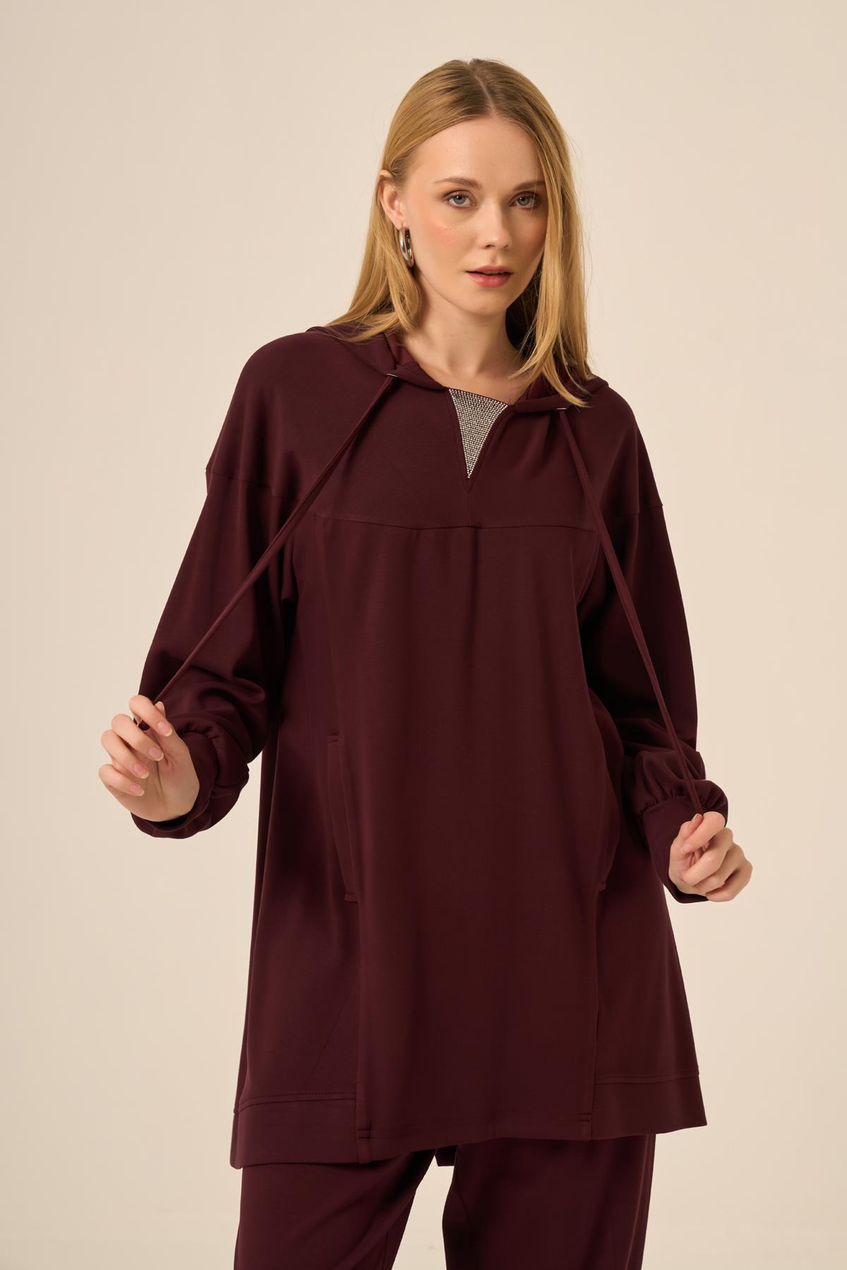 FTZ Women Kadın Taşlı Detaylı Pantolonlu Takım  Mürdüm 31264