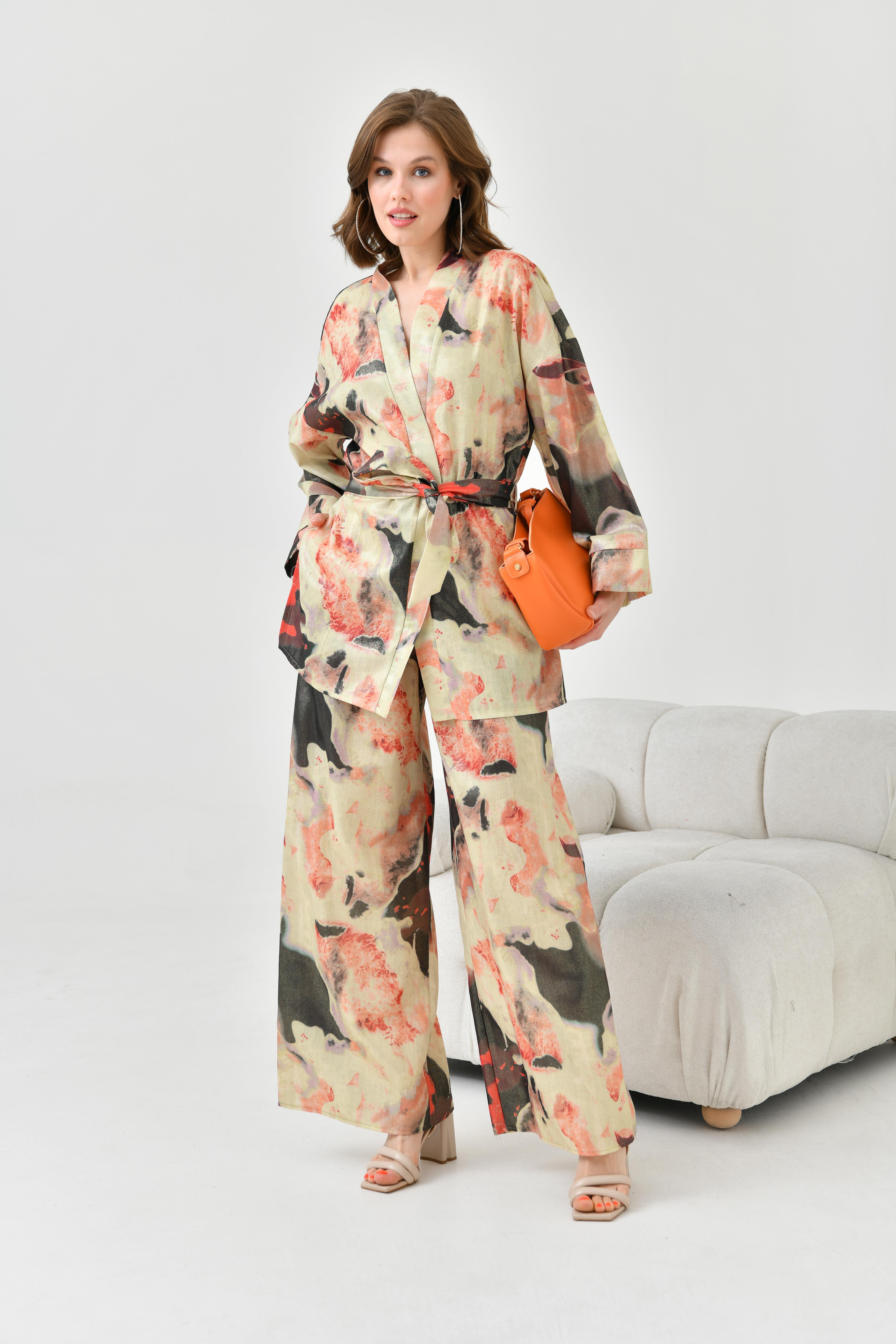 FTZ Women Kadın Varak Detay Kimono Takım  Beige 30811