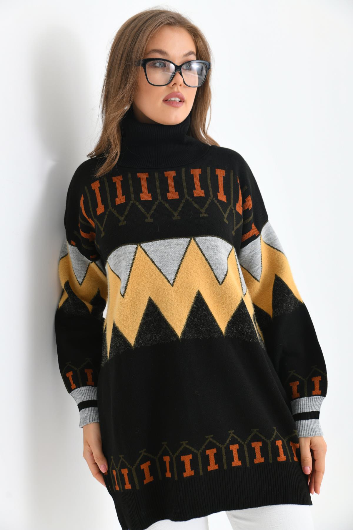 FTZ Women Kadın Zigzag Desen Sakallı Kazak  Siyah 21-6294