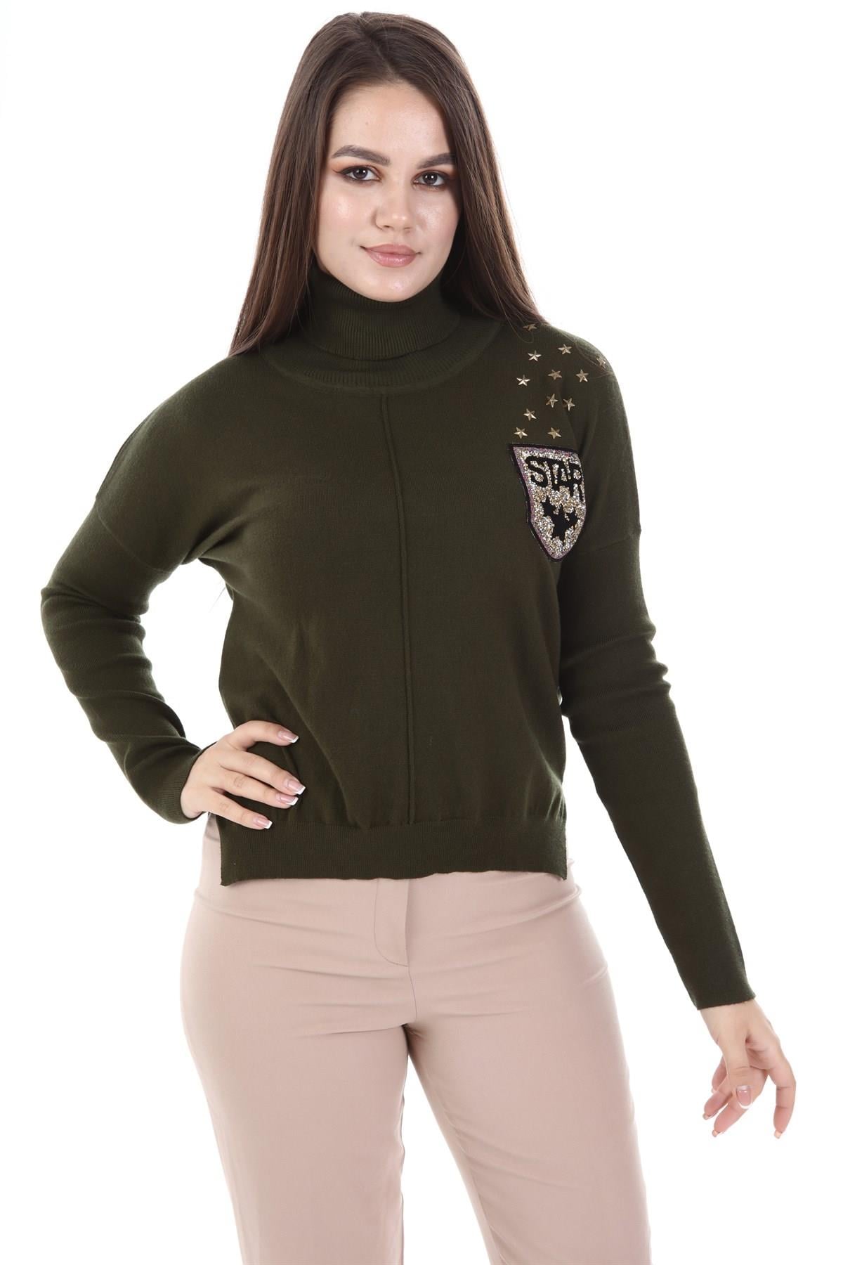 FTZ Women Kadın Zımba Taş Detay Triko  Haki 21-1305