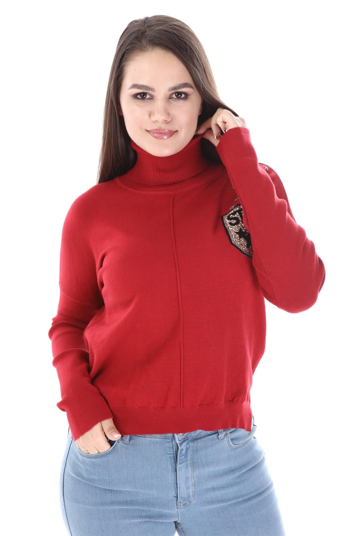 FTZ Women Kadın Zımba Taş Detay Triko  Kırmızı 21-1305