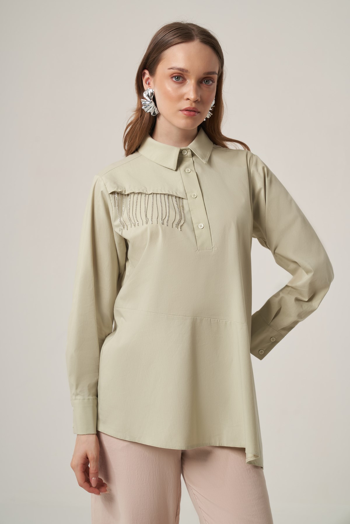 FTZ Women Kadın Zincir Detay Gömlek  Mint 31433