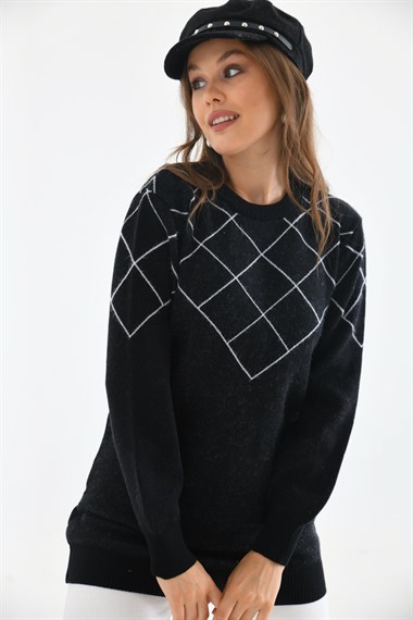 FTZ Women Kadın Baklava Desenli Bluz  Siyah 20016