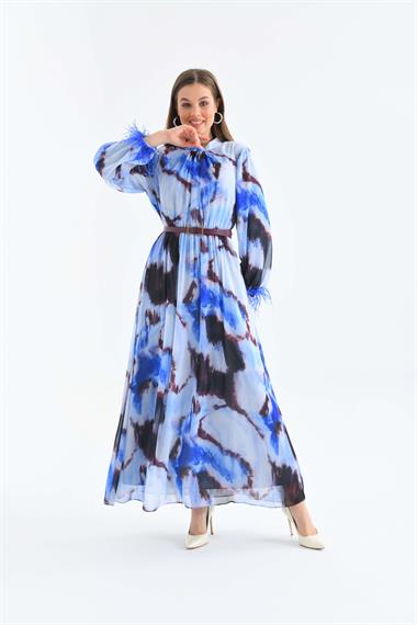 FTZ Women Kadın Kollar Tüğlü Elbise  Saks Mavi 30454