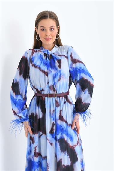 FTZ Women Kadın Kollar Tüğlü Elbise  Saks Mavi 30454