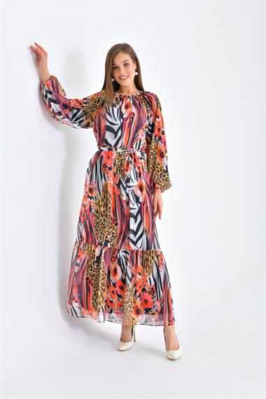 FTZ Women Kadın Şifon Baskılı Elbise  Mercan 30499