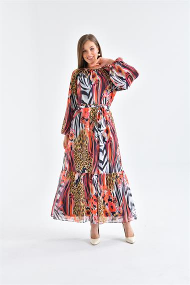 FTZ Women Kadın Şifon Baskılı Elbise  Mercan 30499