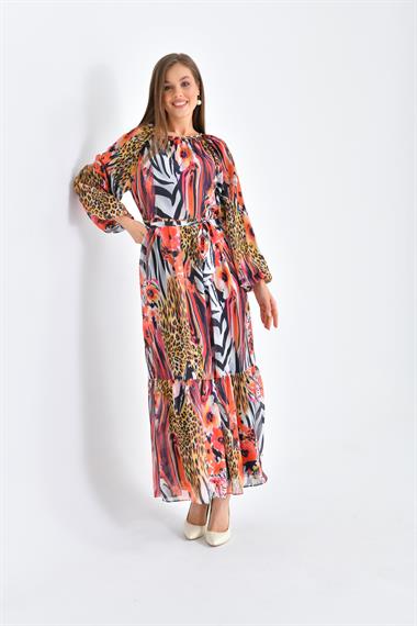 FTZ Women Kadın Şifon Baskılı Elbise  Mercan 30499