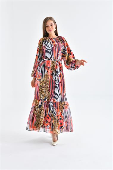 FTZ Women Kadın Şifon Baskılı Elbise  Mercan 30499