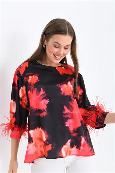 FTZ Women Kadın Tüylü Saten Bluz  Kırmızı 30447