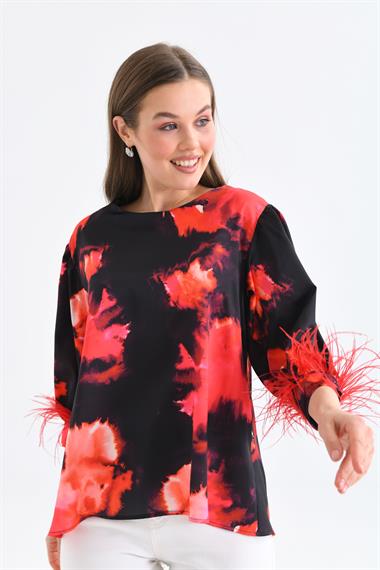 FTZ Women Kadın Tüylü Saten Bluz  Kırmızı 30447