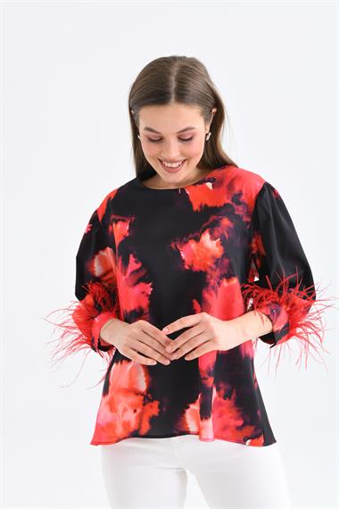 FTZ Women Kadın Tüylü Saten Bluz  Kırmızı 30447