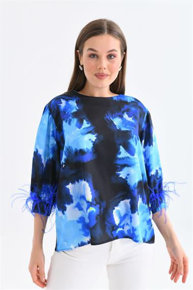 FTZ Women Kadın Tüylü Saten Bluz  Saks Mavi 30447