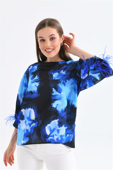 FTZ Women Kadın Tüylü Saten Bluz  Saks Mavi 30447