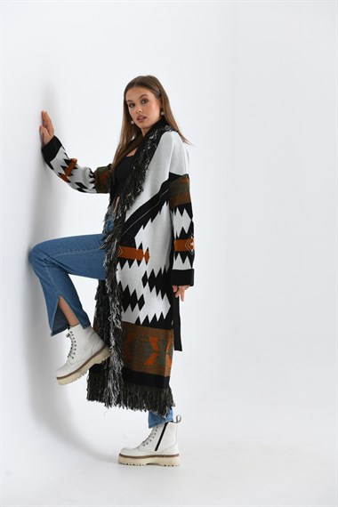 FTZ Women Kadın Etnik Desen Püskülü Kap  Siyah 20049