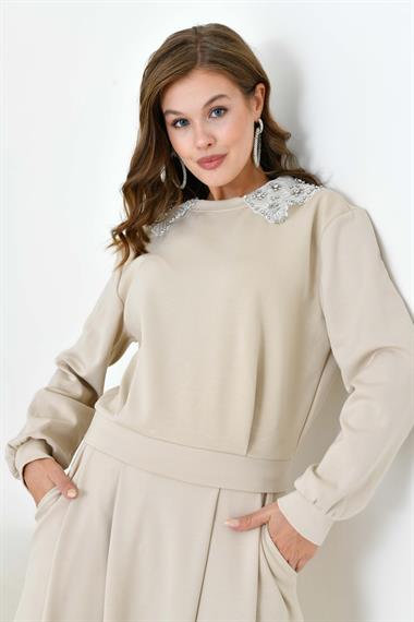 FTZ Women Kadın Bebe Yaka Etekli İki İp Takım  Beige 30967