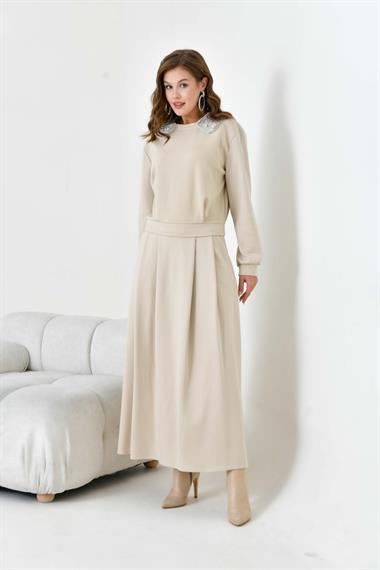 FTZ Women Kadın Bebe Yaka Etekli İki İp Takım  Beige 30967