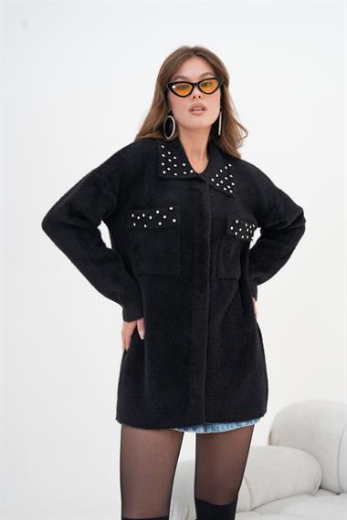 FTZ Women Kadın Beyoğlu Taş İşlemeli Hırka  Siyah 20774