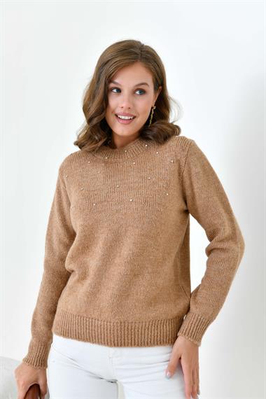 FTZ Women Kadın Boncuk İşlemeli Kazak  Bisküvi 20741