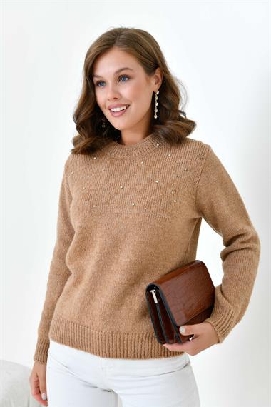 FTZ Women Kadın Boncuk İşlemeli Kazak  Bisküvi 20741