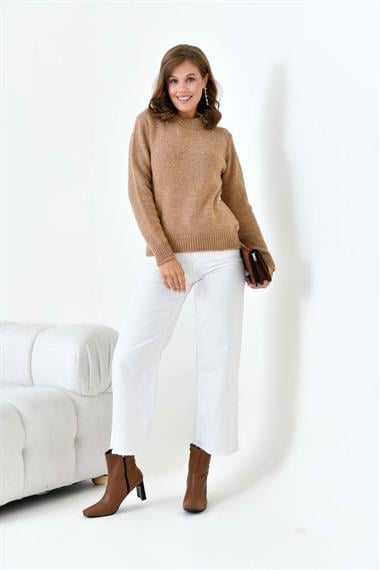 FTZ Women Kadın Boncuk İşlemeli Kazak  Bisküvi 20741