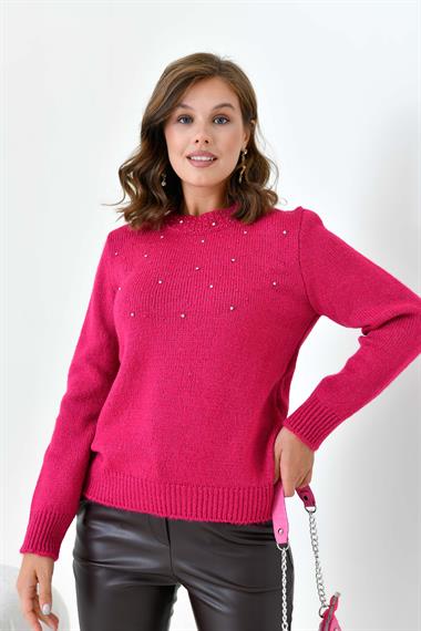 FTZ Women Kadın Boncuk İşlemeli Kazak  Fuşya 20741