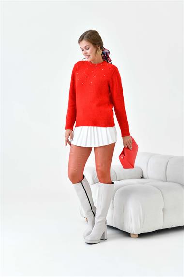 FTZ Women Kadın Boncuk İşlemeli Kazak  Kırmızı 20741