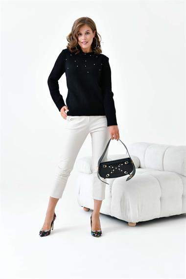 FTZ Women Kadın Boncuk İşlemeli Kazak  Siyah 20741