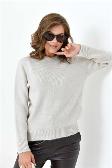 FTZ Women Kadın Boncuk İşlemeli Kazak  Taş 20741