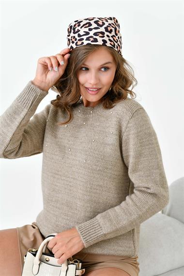 FTZ Women Kadın Boncuk İşlemeli Kazak  Vizon 20741