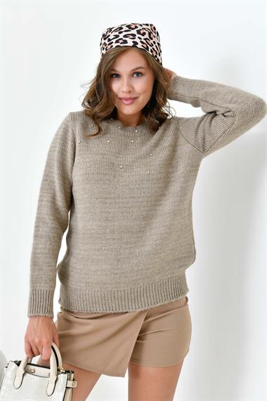 FTZ Women Kadın Boncuk İşlemeli Kazak  Vizon 20741