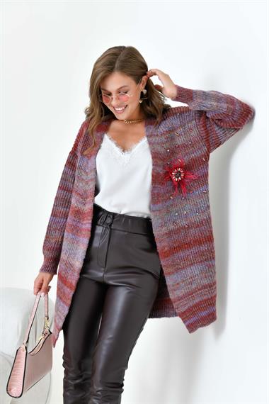 FTZ Women Kadın Broş Detaylı Hırka  Kiremit 20789