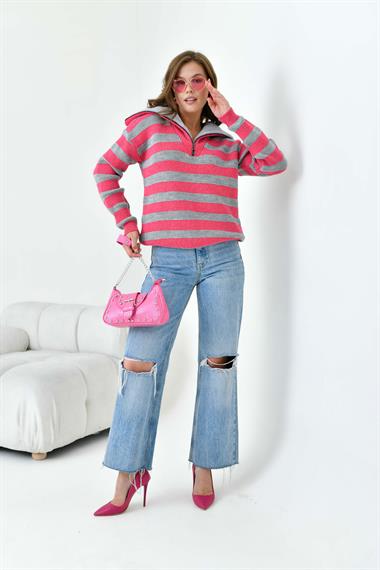 FTZ Women Kadın Çizgi Detaylı Kazak  Fuşya 20726