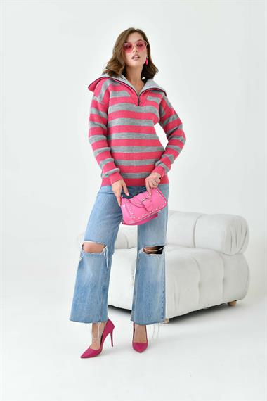FTZ Women Kadın Çizgi Detaylı Kazak  Fuşya 20726