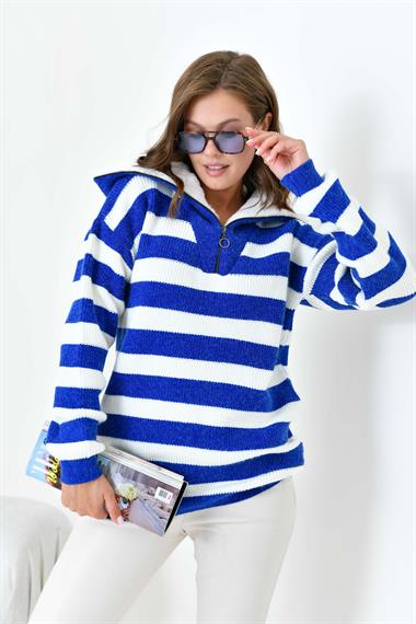 FTZ Women Kadın Çizgi Detaylı Kazak  Saks Mavi 20726