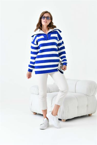 FTZ Women Kadın Çizgi Detaylı Kazak  Saks Mavi 20726