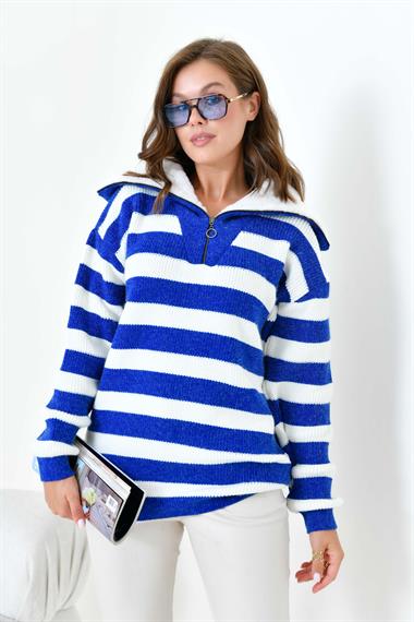 FTZ Women Kadın Çizgi Detaylı Kazak  Saks Mavi 20726