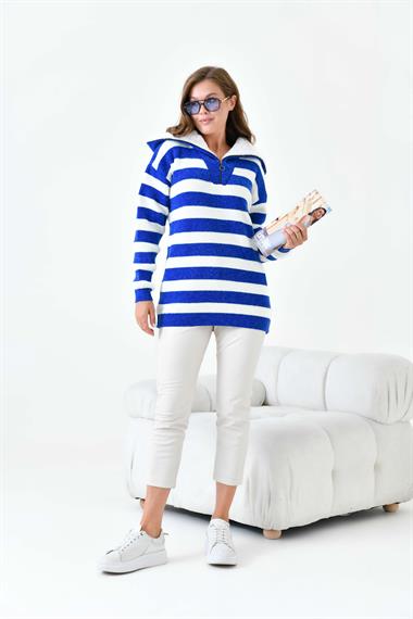 FTZ Women Kadın Çizgi Detaylı Kazak  Saks Mavi 20726