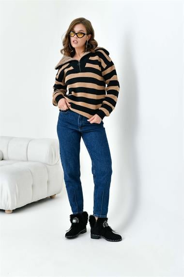 FTZ Women Kadın Çizgi Detaylı Kazak  Siyah 20726